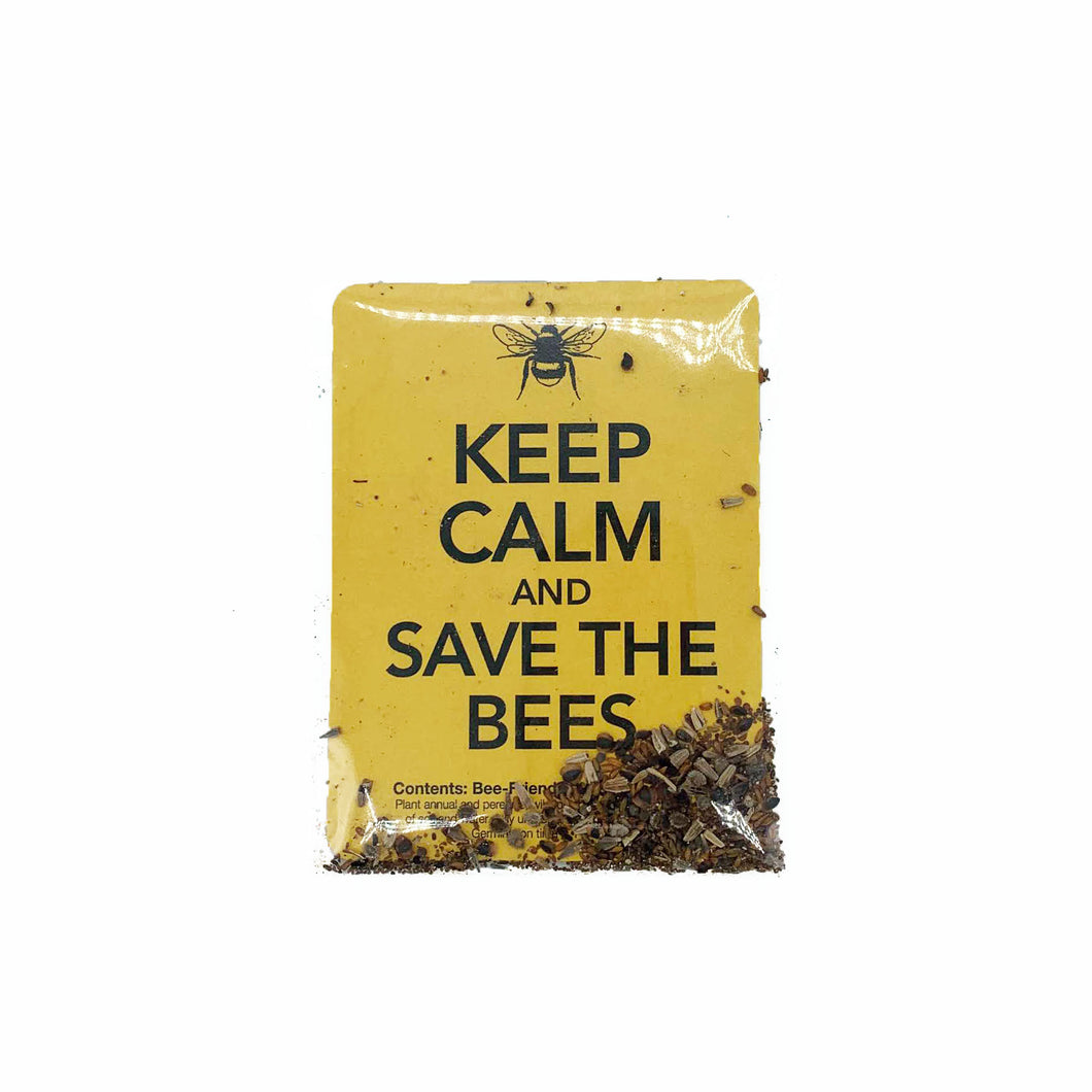 HALO yellow Keep Calm and Save the Bee Seed Packet with bee graphic background and including bee balm, wallflower, cosmos, echinacea, and aster seeds.