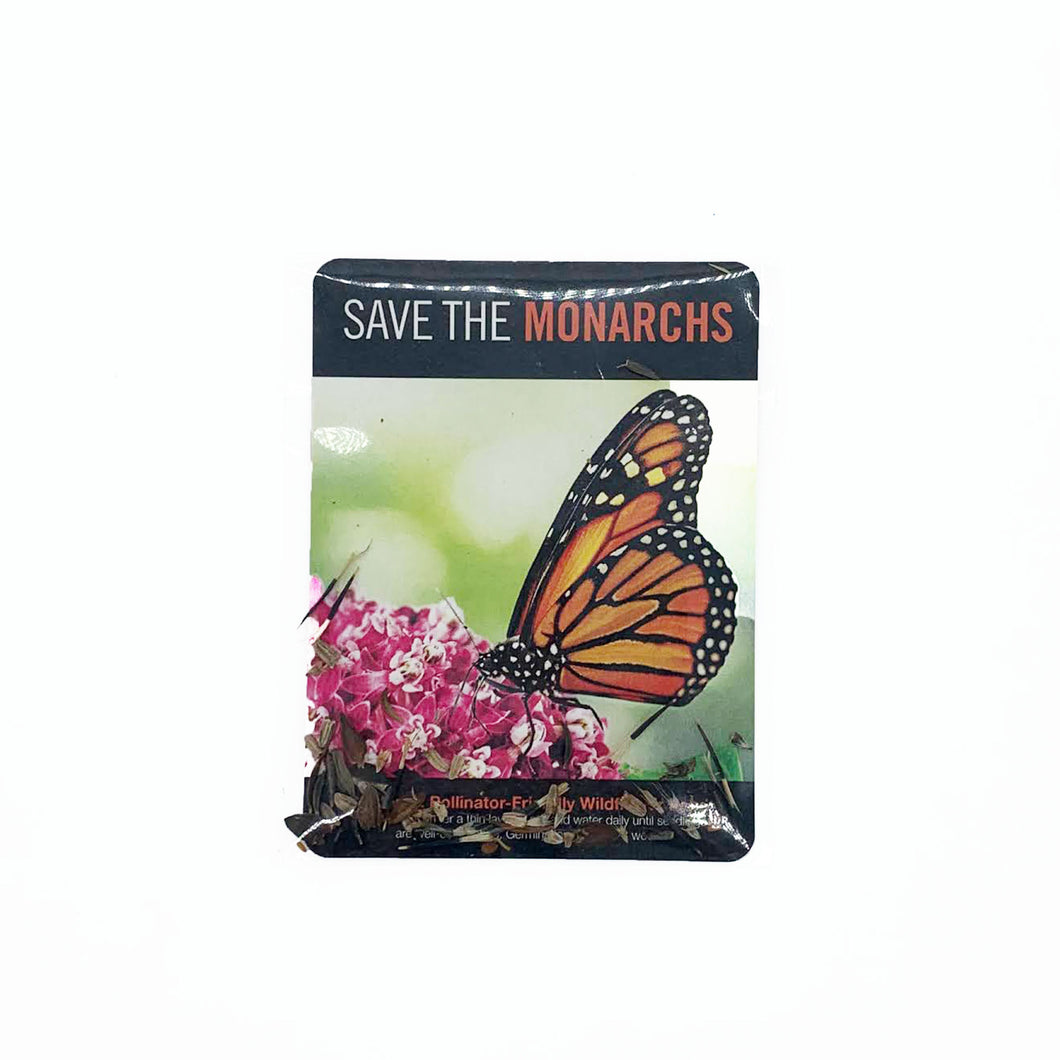 HALO Save the Monarchs Seed Packet with monarch image on flower background and including milkweed, verbena, and goldenrod.