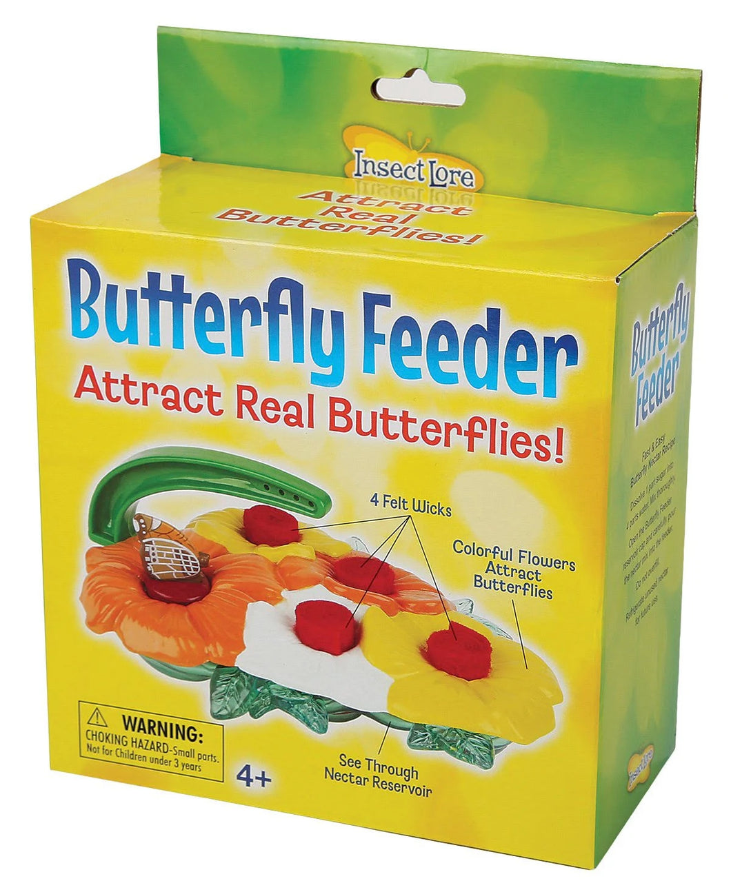 Insect Lore Butterfly Feeder 15cm L x 11.5cm W see through nectar reservoir, yellow, orange, and white flowers, butterfly-shaped feeder cork, hanging arm and 4 felt drinking wicks on yellow and green box on white background.