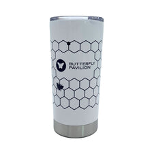 Load image into Gallery viewer, HALO 20oz white stainless steel, double wall, vacuum-insulated thermal tumbler honeycomb pattern with Butterfly Pavilion logo, clear push lid and swivel closure.
