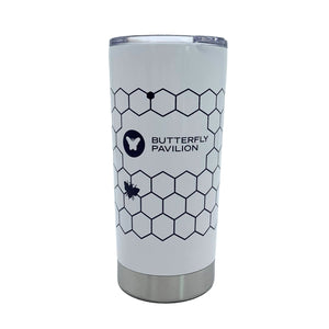HALO 20oz white stainless steel, double wall, vacuum-insulated thermal tumbler honeycomb pattern with Butterfly Pavilion logo, clear push lid and swivel closure.